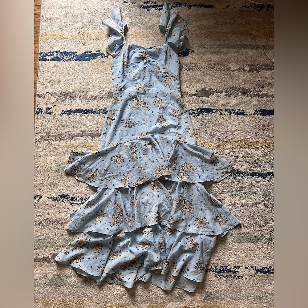 Aqua Maxi Ruffled Blue Flower Dress